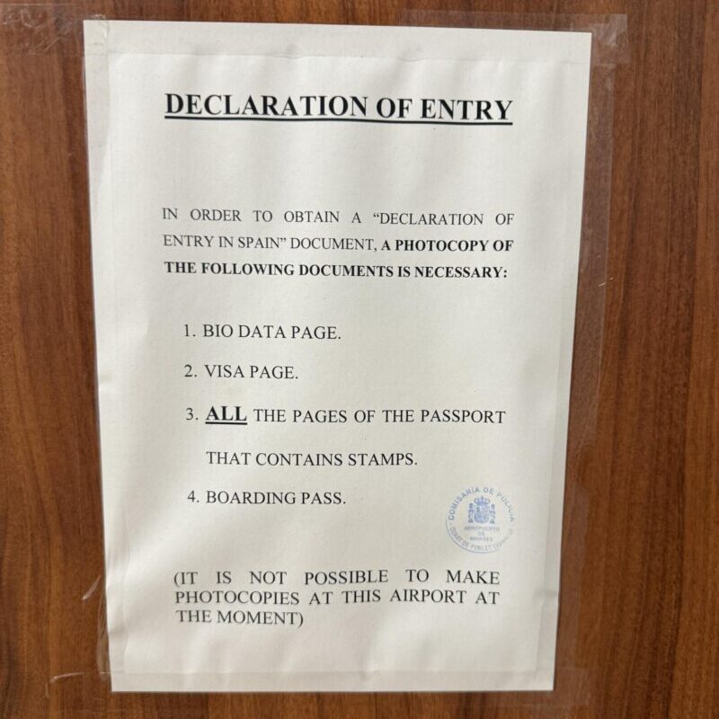 Declaration-Entry Instructions from Valencia Airport Police Station